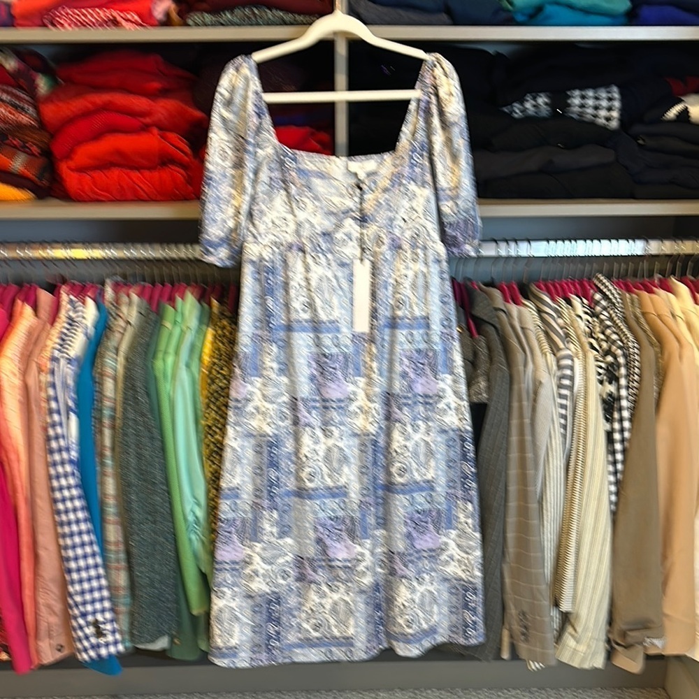 NSR blue/white/purple paisley 1/2 sleeve smocked back midi dress size S NWT